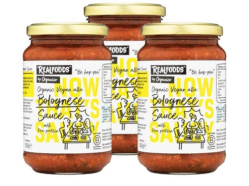 Image of Realfoods by Organico | Organic Vegan Bolognese Sauce – Plant-Based, Dairy-Free & Meat-Free |Enriched with Pea Protein, Ready-to-Eat Italian Pasta Sauce by Organico, 350g (Pack of 3)