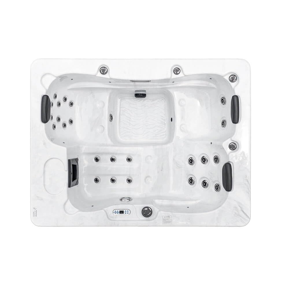 Home Deluxe - Outdoor Whirlpool - White Marble Plus Treppe und Thermoabdeckung - Maße 210 x 160 x 85 cm - Inkl. Heizung, 27 Massagedüsen und 9 Lichtquellen I Außen Whirlpool Spa für 3 Personen