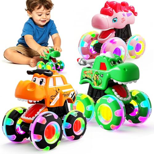Image of 3 Pack Monster Truck Toys for Toddlers 1-3, Press & Go Cars with Flashing LED Wheels & Moving Mouth, Dinosaur Cars for 2 3 4 One Two Year Old Boy Birthday Gifts