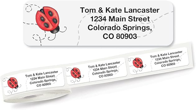 Ladybug Rolled Personalized Return Address Mailing Labels with Dispenser, Set of 250, Small 34 x 212 Inch Size, Custom Self-Adhesive Sticker Roll, by Colorful Images