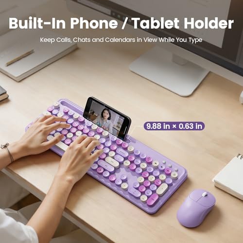 Image of Wireless Keyboard and Mouse Combo, Retro Round Keycaps, Full-Size Stylish Typewriter Keyboard with Large Phone /Tablet Holder, 3-Level DPI Ergonomic Mouse, 2.4GHz Cordless for Windows PC, Lavender Mist