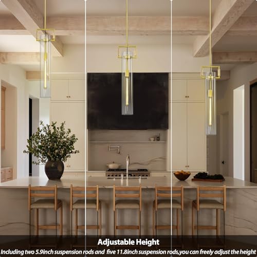 Brass Pendant Lights,Modern Glass Pendant Lights Kitchen Island 2 Pack,21.6'' Farmhouse Gold Kitchen Pendant Lighting Over Island for Dining Table,Bathroom,Bedroom