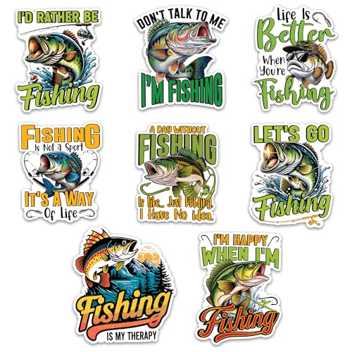 Image of Fishing Sticker 8 Pcs (Large Size) Vinyl Stickers Laptop Waterproof Decal for Car Bumper Water Bottle Notebook Luggage Window Party Birthday Decorations - Size 4 Inches