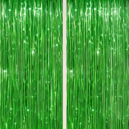 Image of DECOCKRAT 2 Pack Foil Fringe Backdrop - Green Shiny Tinsel Curtains for Party Decoration /Photo Booth Props - 3.3x6.6 FT Metallic Foil Backdrop for Birthday, Wedding, Graduation, Christmas.