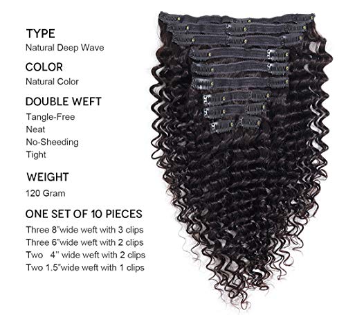 Brazilian Virgin Human Hair Deep Curly Clip In Hair Extensions 8A Unprocessed Remy Hair Deep Wave Curly Hair Clip In Extensions Natural Color For Black Woman 10Pcs/Set 120Gram(20) - Thumbnail 2