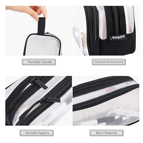 Image of Oyachic 2 Compartment Pencil Case Clear Mesh Pen Pouch Grid Makeup Cosmetics Bag Transparent Marker Organizer Office Business Travel Adults,black