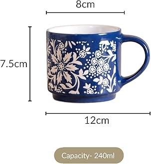 Nestasia Stackable Ceramic Cups Set of 4 (240 ml Each) | Microwave & Dishwasher Safe Tea & Coffee Cups with Glossy Finish | Ideal for Gifting (Floral Blue)