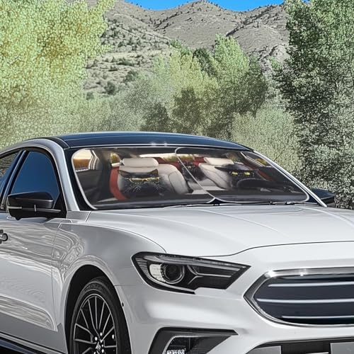Image of Funny Cat Car Front Windshield Sun Shade Reflect UV Sun and Heat Foldable 2-Piece Car Windshield Sunshades Interior Accessories Sun Protection Universal Vehicle Accessories