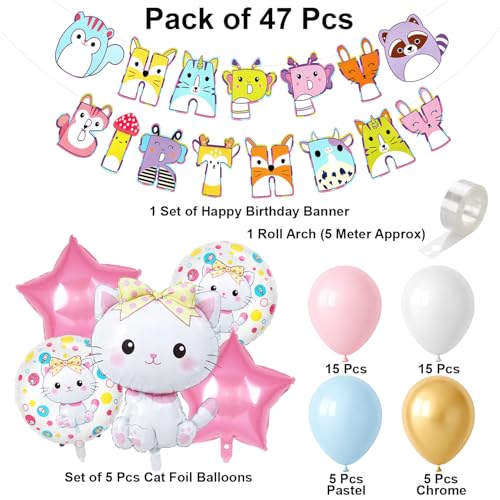 Image of Rozi Decoration Cute Cat Theme Birthday Decoration Kit for Kids | Animal Alphabet Happy Birthday Banner with Cat Foil Balloons, Pastel & Chrome Balloons | Pack of 47 Pieces