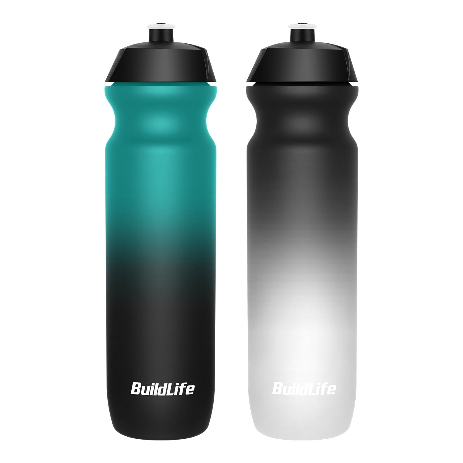 BuildLife Sport Water Bottle 2 Pack, 750ml Squeeze Bottle, BPA Free & Leak Proof Dishwasher Safe Cycling Bottles for Working Out, Fitness, Hiking, Outdoor Sports (1L GreenBlack+BlackWhite)