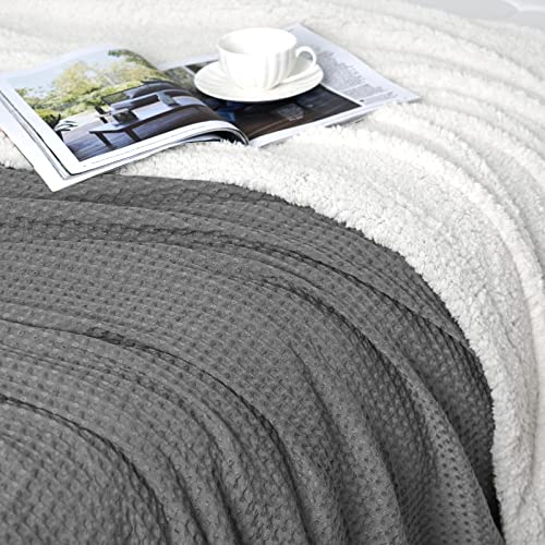 Phf Waffle Sherpa Blanket Queen Size, Luxury Warm Plush Flannel Blanket For Winter, No Shed No Pilling Cozy Soft Waffle Weave Fleece Blanket For Bed And Couch, Grey, 90X90 Inches #TOP5