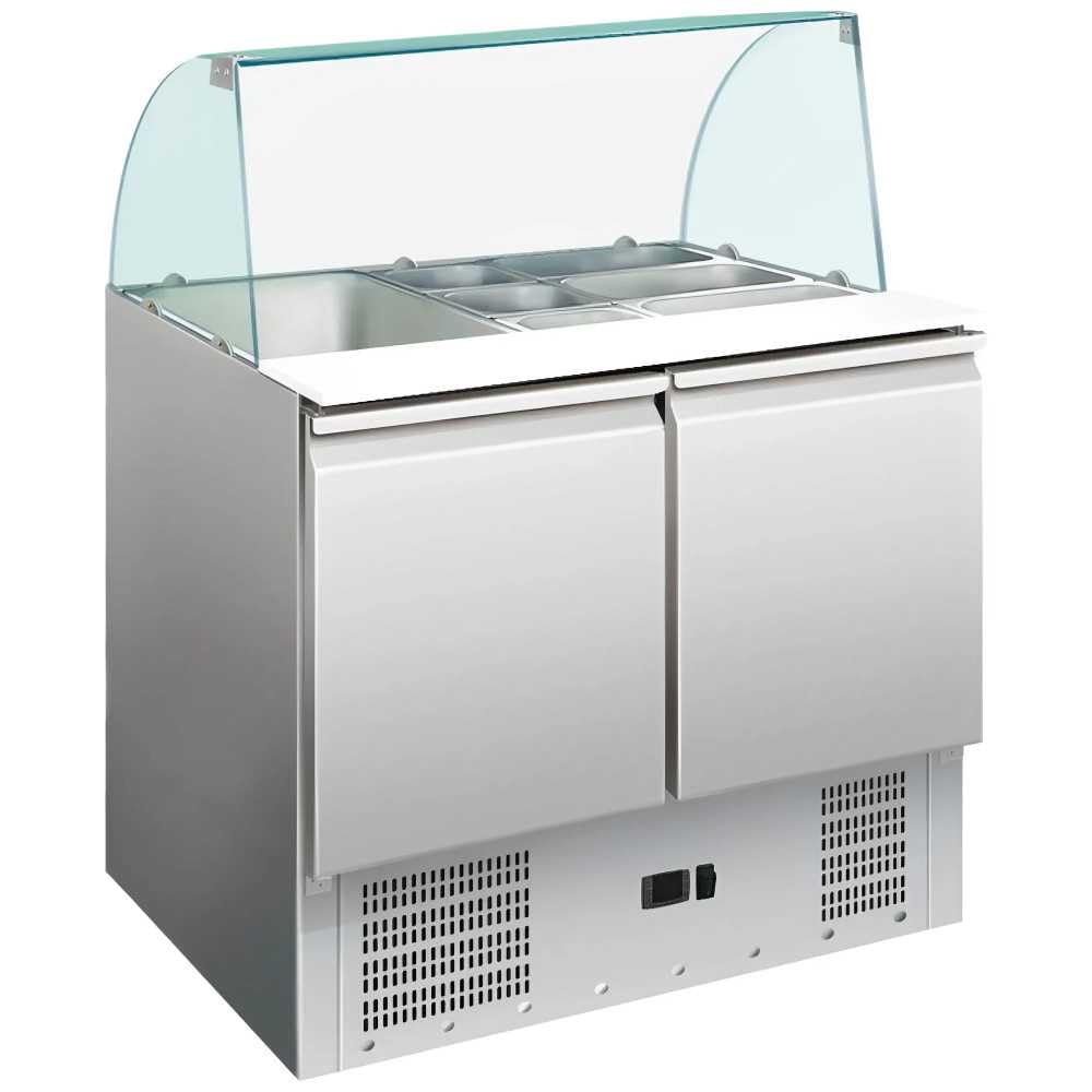 MBH - Mesa de ingredientes refrigerada de acero inoxidable 2 puertas 176 litros 900x700mm. Mesa fría bajo mostrador para bar, restaurante y hostelería.