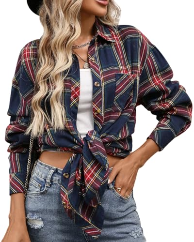 CHYRII Womens Oversized Flannel Shirts Button Down Long Sleeve Plaid Shirt Business Casual Blouse Top Navy S