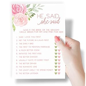 Printed Party Bridal Shower Games – He Said She Said Game with Fun Bride and Groom Trivia, Wedding Shower Activity, Pink Floral Design, 50 Guests Printed Party Bridal Shower Games–He Said She Said Game with Fun Bride and Groom Trivia Wedding Shower Activity Pink Floral Design 50 Guests