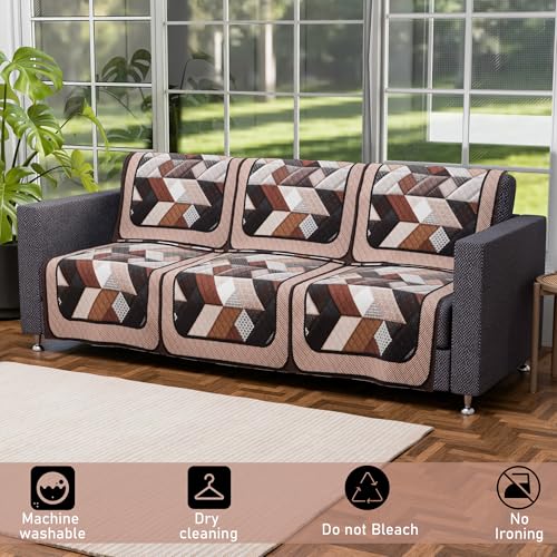 Image of Kuber Industries Set of 10 Velvet Anti-Skid Sofa Cover 5-Seater | Comfortable Slipcover Sofa Cloth & Furniture Protector for Home Decor | Triangular-Cream & Brown