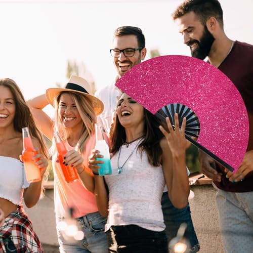 Image of Vercraft 13'' Large Rave Fan for Women Rave Accessories Festival Outfits Glitter Hand Folding Clack Fan for Line Dancing EDM Music Festival Outfits(Rose Gold)