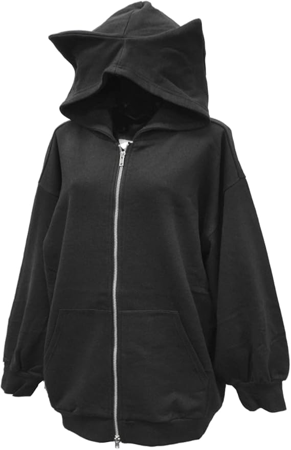 Amazon Co Jp Deorart ディオラート ネコ耳フード コットン裏毛 ジップパーカー 無地 Drt2593 ブラック L ファッション