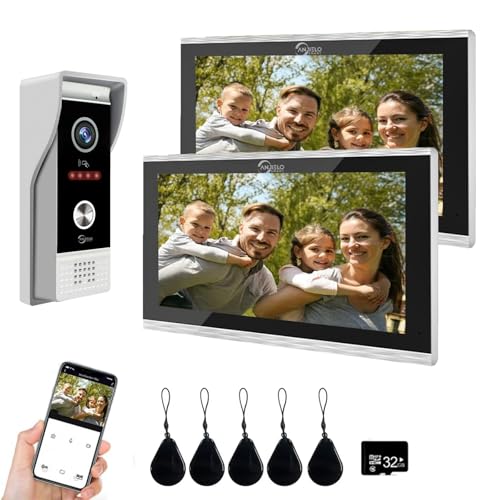 Sistema de intercomunicación con vídeo inteligente por cable para apartamentos,cámara de timbre 1080P con monitores de 10 pulgadas,desbloqueo 3 en 1,kits de interfono WiFi TUYA (1 Timbres + 2 Monitor)