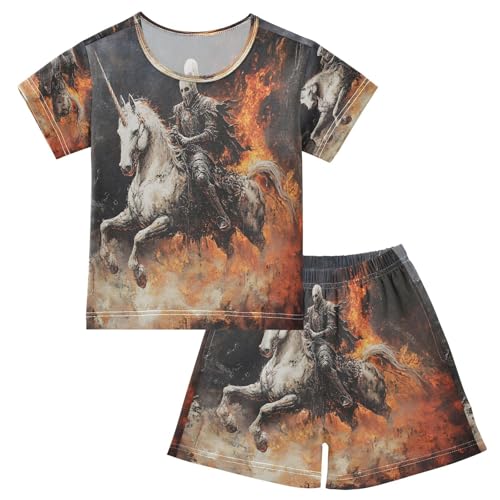 ALAZA Unicorn Sugar Skull Fire Pajamas Set Short Sleeve Cotton Sleepwear Summer Pjs 2 Piece 5-14Y