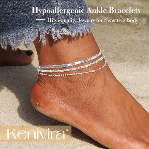 Image of Kenivira Sterling Silver Ankle Bracelets for Women,Gold Dainty Layered Waterproof Anklet for Women, Anklet Set Stackable Beach Gift Adjustable Size