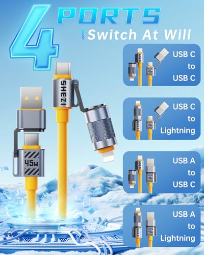 Image of 4 in 1 USB C Cable 45W 5FT Fast Charging & Data Transfer, Thicker Silicone Multi Charger Cord for iPhone iPad Charger Wire Combo with L /Type C /USB A for iPhone 16 /15 /Macbook (Yellow)