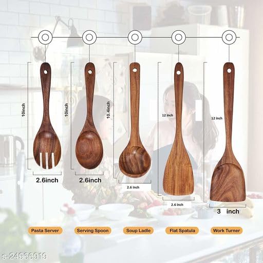 Image of Wooden Kitchen Utensil Set, 6-Piece with Cutley Holder Handcrafted Cooking Tools with Barrel Holder with Fine Finish Spoons Set Kitchen Cooking Spoon Set