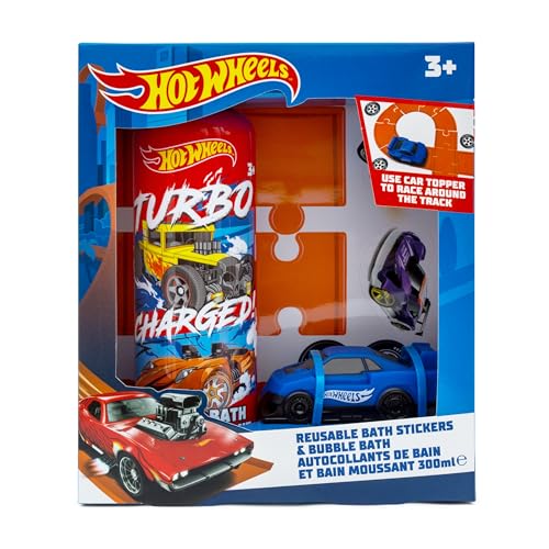 Hot Wheels Children's Bath Stickers & Bubble Bath Set - Set Includes Bath Toy Car, Bubble Bath 300ml and Bath Racing Track Stickers (Reusable)