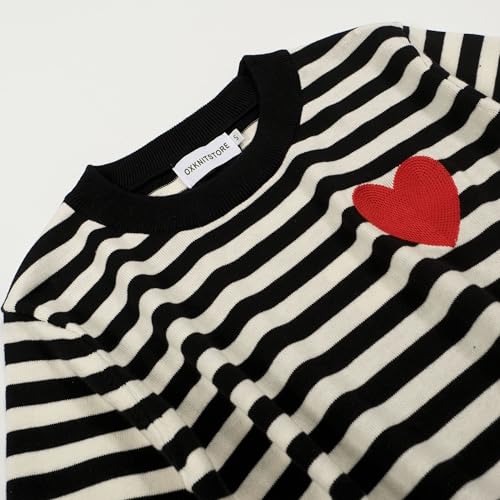 OXKnit Women's Knit Black Stripes Short Sleeve, 1960s Retro Heart Pattern Crewneck Casual T-Shirts3