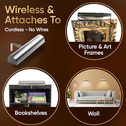 Concepdesigns Picture Light, Battery Operated Picture Light, Dimmable Wireless Picture Lights for Wall, Art Light, Library Light Battery Operated with Remote Control - 11.5 inches, Satin Nickel - Thumbnail 5