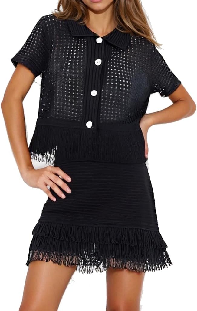 NIFTRIRY Fringe Crochet Sets Two Piece Women Polo Shirt Button With Shorts Sets Women 2 Piece Outfits