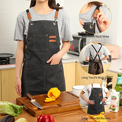 Tosewever Canvas Cross Back Chef Apron For Men Women With Adjustable Straps Large Pockets, Waterdrop Kitchen Heavy Duty Cotton Aprons For Tool Cooking Bbq Artist, M To Xxl (Black) #TOP3