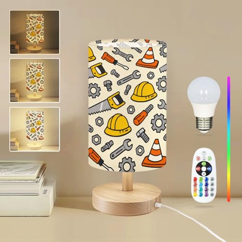 RAINFALLARING Round Table Lamp for Bedroom Construction Tools Safety Gear Helmets Cones Wrenches Saws Beside Lamps Desk lamp with Wood Base Nightstand Lamps for Nursery Living Room Home Decor