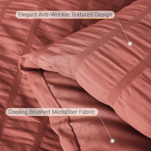 Image of MUXHOMO 7 Pieces Full Comforter Set, Seersucker Bed in a Bag Full Size, All Season Luxury Bedding Set with Comforter, Flat Sheet, Fitted Sheet, Pillowcases & Shams, Coral