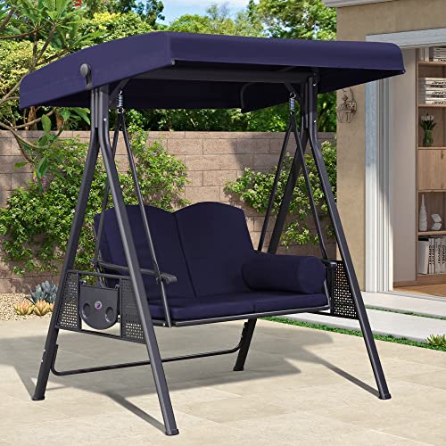 Image of PURPLE LEAF Outdoor Patio Porch Swing with Stand, 2-seat Swing Chair with Adjustable Tilt Canopy All-Weather Steel Frame for Backyard Front Porch Lawn, Cushions and Pillow Included, Navy Blue