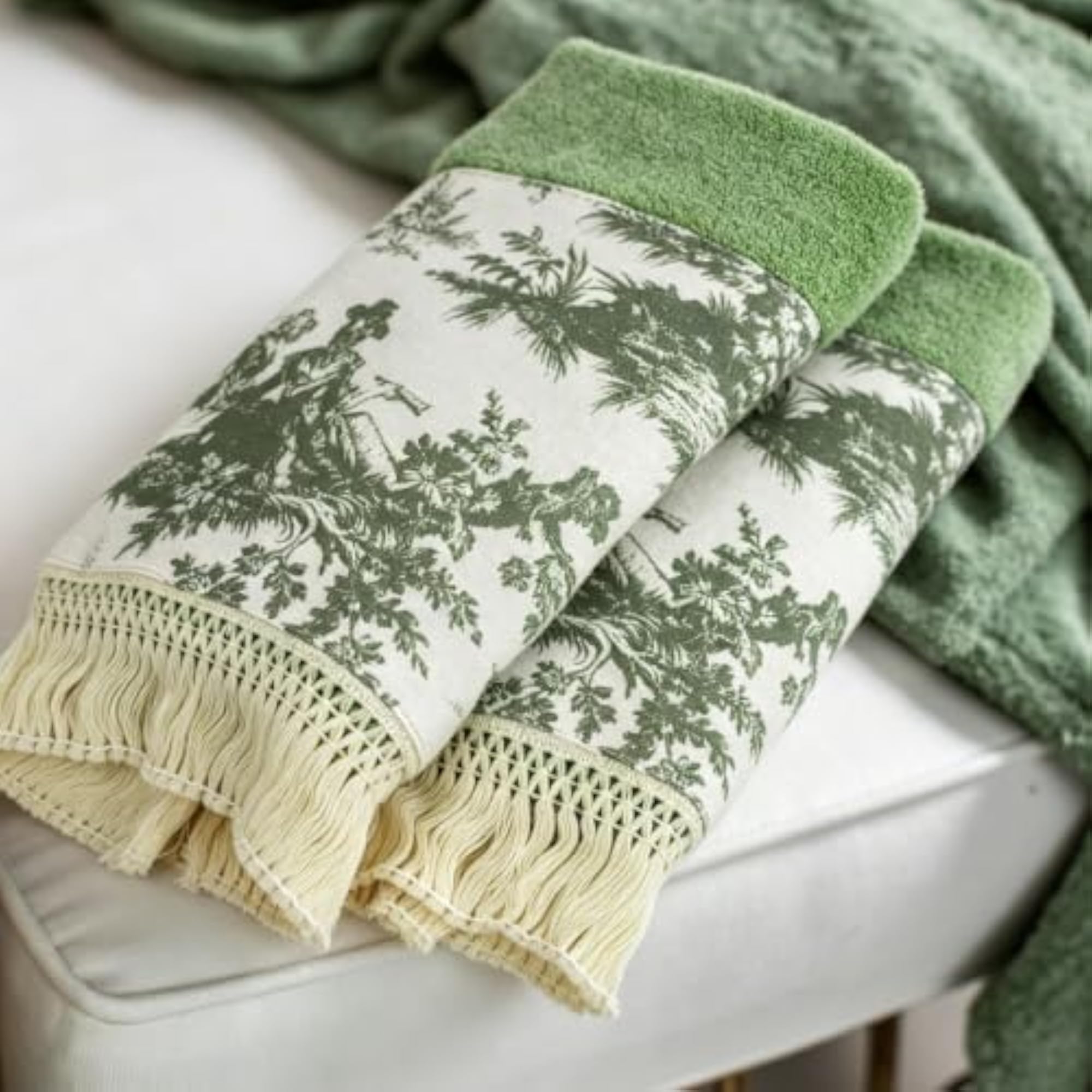 Sage Green Hand Towels with Tassels Set