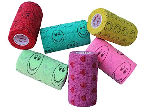 Image of 4 Inch Vet Wrap Tape Bulk (Assorted Patterns) (Pack of 6) Self Adhesive Adherent Adhering Flex Bandage Grip Roll Dog Cat