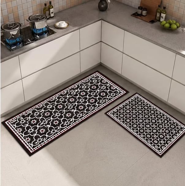 Image of HomeCloud Rubber Kitchen Mats for Floor Set of 2 Pcs | Non-Skid, Soft Absorbent Rugs for Kitchen, Laundry, and Hallway | 120x40cm, 40x60cm| 4mm Thickness (Black Trap Flower)