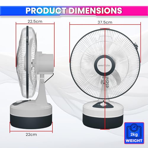 Image of amiciSolar 12-Inch Rechargeable Table Fan - Portable 3-Speed AC /DC Fan with 14-Hour Battery Backup, Silent Operation, and Table Mount​