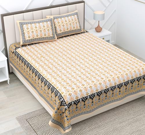 Image of RajasthaniKart Pure 100% Cotton 240 TC King Size BEDSHEET with 2 Pillow Cover - 90X108 (Suitable for King Size Bed Sheet or Double Bed, Yellow) PSP136