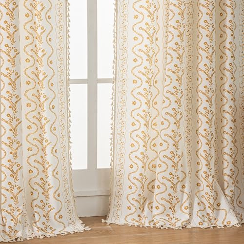 Image of Yellow Boho Curtains 72 Inch Long for Living Room, Bedroom, 2 Panels Floral Farmhouse Vintage Tassel Semi Sheer Light Filtering Privacy Window Curtains Drapes with Rod Pocket