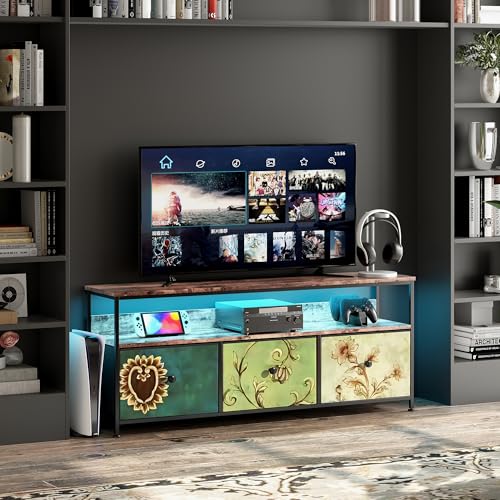 FOERPL Mueble TV LED, 137 cm mesa TV, mueble Tele con LED cajón de tela, mesa de TV salón con almacenamiento, banco de TV, mueble bajo, almacenamiento para sala de estar, dormitorio (a 3 cajones, 137