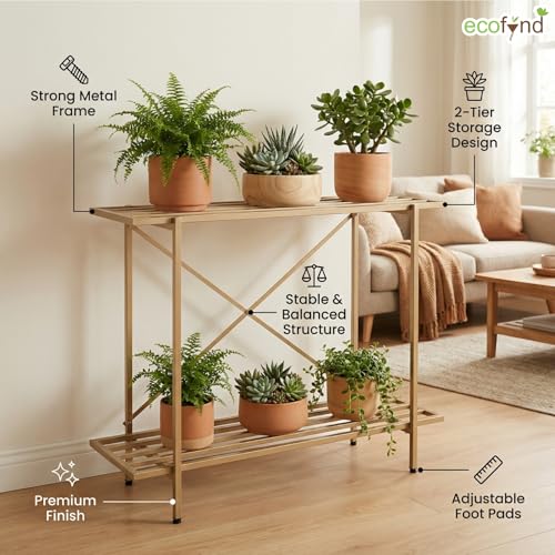 Image of ecofynd Eric Plant Stands for Outdoor Balcony, Flower Pot Stand for Indoor Plants, Large Metal Planter Stand for Living Room, home decor, Indoor & Outdoor plants, 2 Tier (35 Inch, PS041-GO)