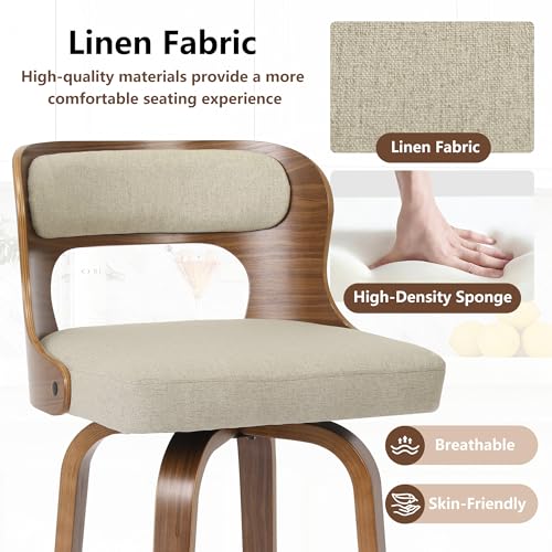 Image of Swivel Bar Stools Set of 2, 26 inch Counter Height Bar Stools, Mid-Century Modern Linen Fabric Modern Island Chairs with Back and Footrest, for Kitchen, Bar, Restaurant, Cafe, Camel