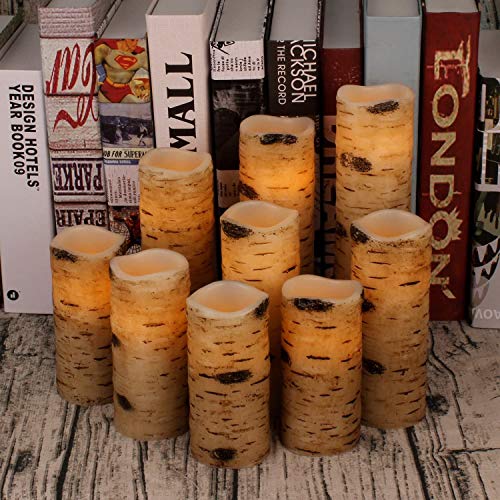 Image of antizer Flameless Candles Birch Bark Effect Battery Operated Candles 4 inch 5 inch 6 inch 7 inch 8 inch 9 inch Set of 9 Real Wax Pillar LED Candles Each Candle 2.2 inch Diameter with 10-Key Remote Control 2 /4 /6 /8 Hours Timer