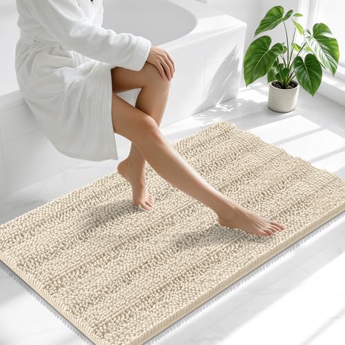 Image of Smiry Thick Chenille Bathroom Runner Rugs 44x24, Extra Absorbent Striped Bath Mat, Machine Washable, Rubber Backing, Long Bath Rugs for Tub & Shower, Modern Home Decor Accessories, Sand