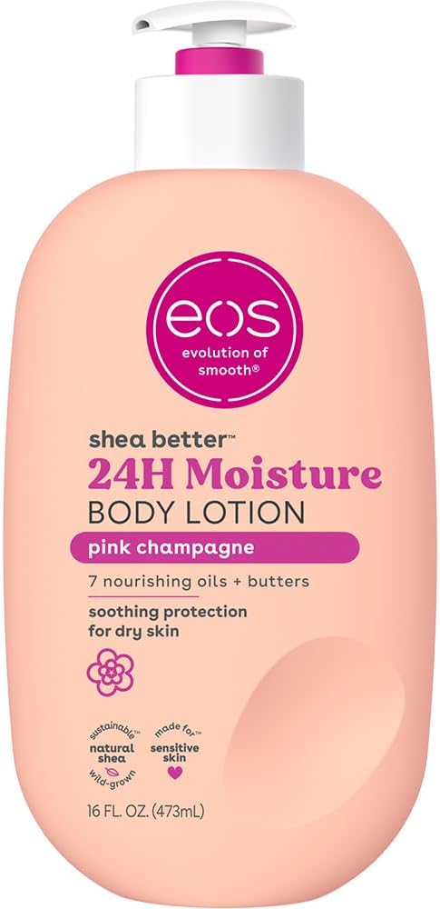 eos Shea Better Body Lotion Pink Champagne, 24-Hour Moisture Skin Care, Lightweight & Non-Greasy, Natural Shea, Vegan, 16 fl oz