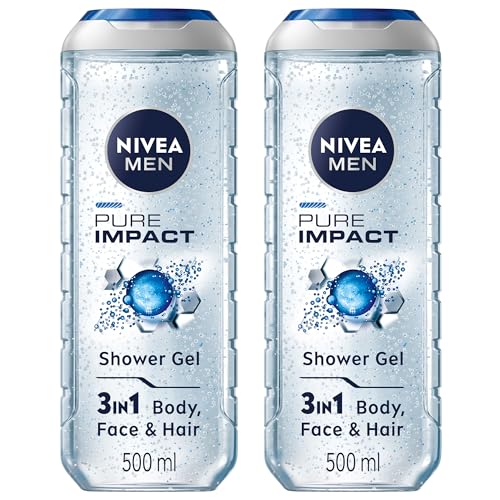 NIVEA MEN Pure Impact 3in1 Shower Gel Cleans Body Face and Hair with Purifying Particles Deep Cleansing for a Fresh Feeling for All Skin Types 2x500ml Pack of 2