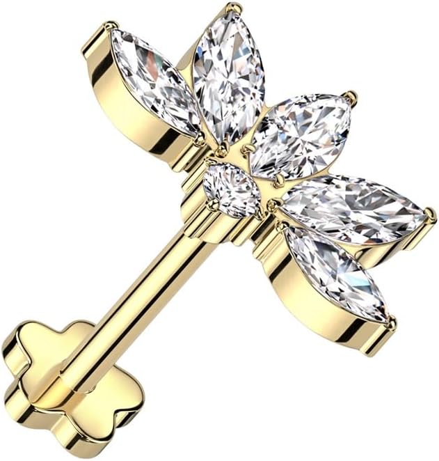 Pierced Owl 18GA F136 Implant Grade Titanium CZ Crystal Lotus Flower Marquise Threadless Push-In Flower Base Labret Stud