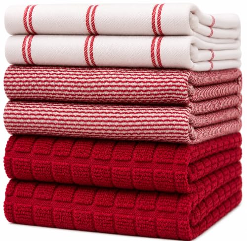Image of Premium Kitchen Towels (20 inchx 28 inch, 6 Pack) | Large Cotton Dish Towels | Flat & Terry Highly Absorbent Kitchen Linen Set with Hanging Loop | Red Check