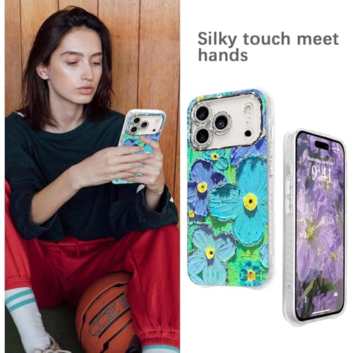 Image of Elzzi Compatible with iPhone 17 Pro Case Oil Painting Flower Colorful with Lens Prtotection Shockproof PC+TPU Glossy Back Cover for Girls Women, Green